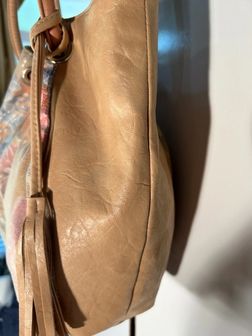 Bueno Tan Leather Handbag Vintage Floral Insert Antique Romantic Boho Cottage Co